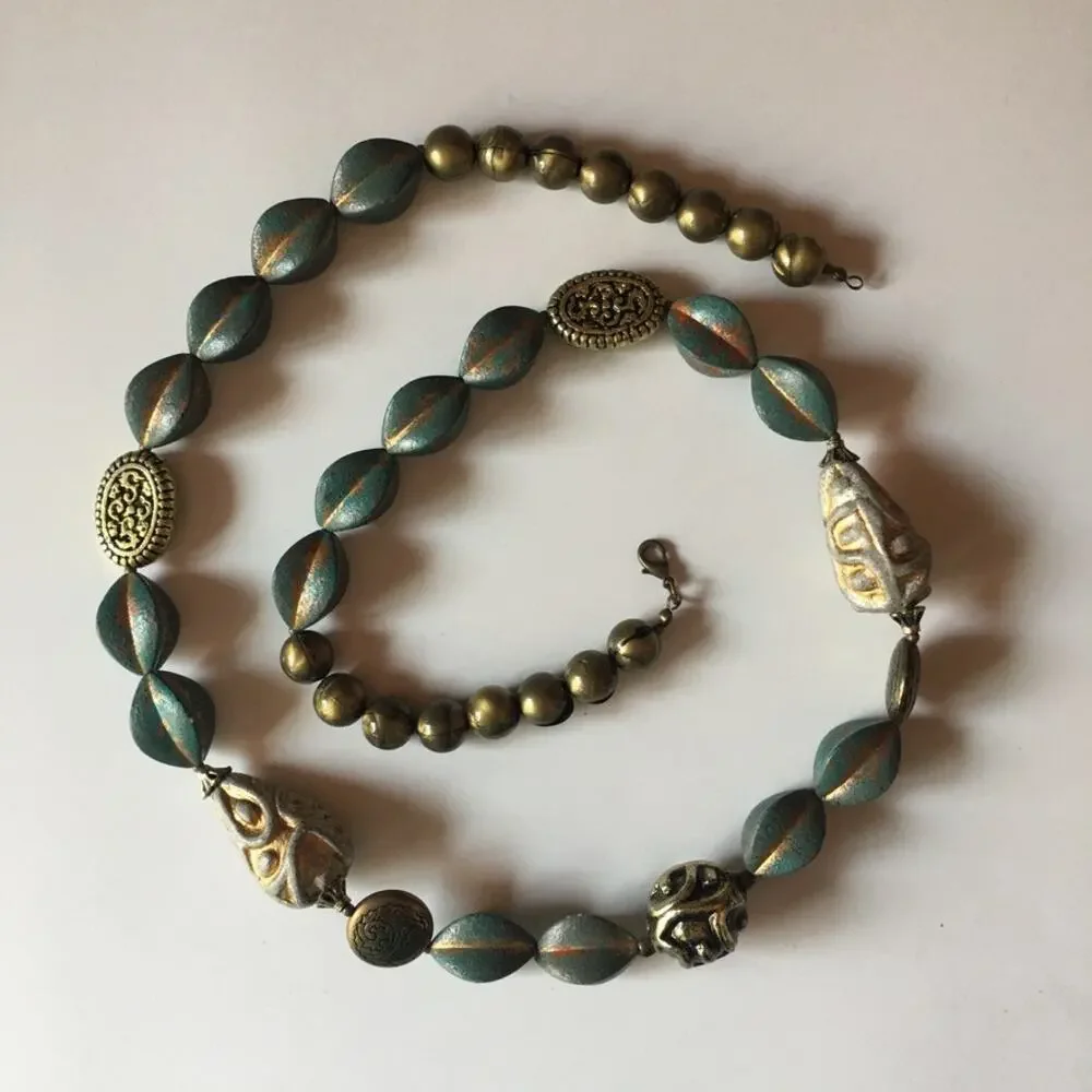 Teal / bronze / gold tone mixed textures statement necklace